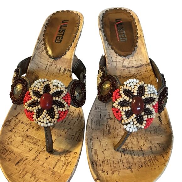 Unlisted Orange Brown Tan beaded Top with Bling cork sandals 7.5M 3 inch wedge - Picture 8 of 16